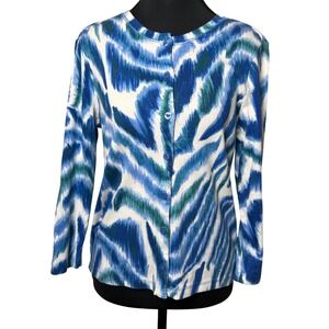 Rafaella Women Blue Green Zebra Print Button Front Spring Cardigan Sweater M